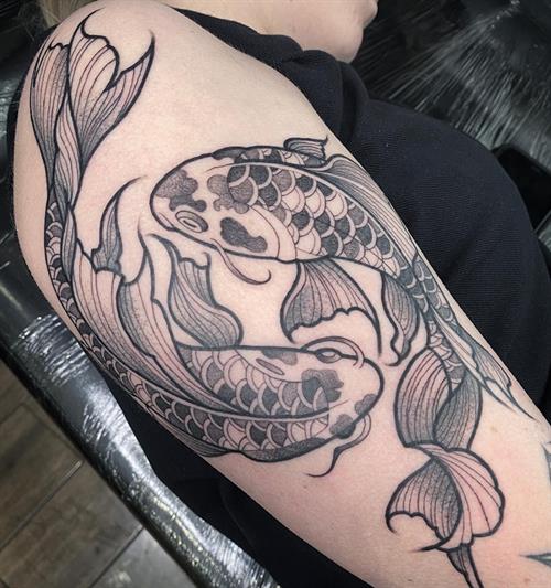 koi carp neotraditional pepper shading dotwork black and grey stippling arm tattoo