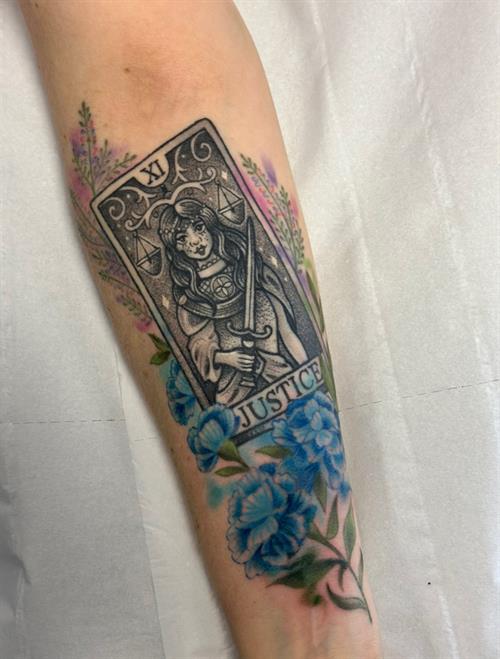 justice tarot card stippling watercolour tattoo