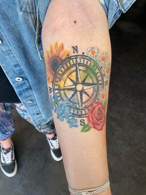 floral compass tattoo