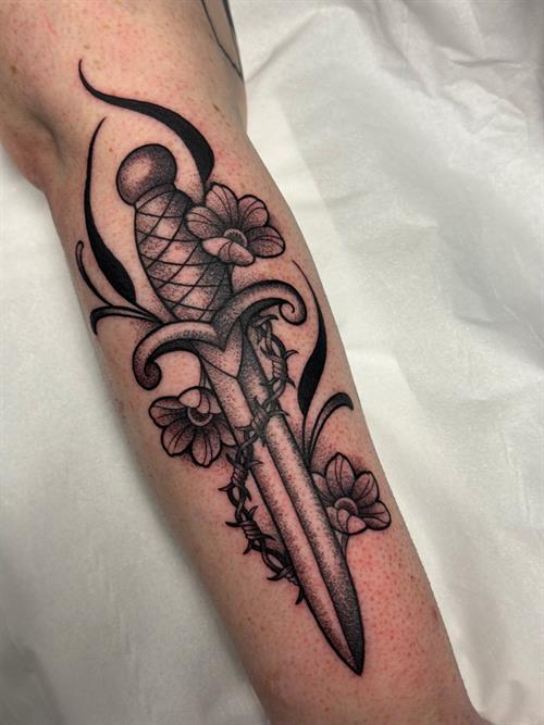 barbed wire ornamental dagger forearm floral black an grey dotwork stippling peppershading