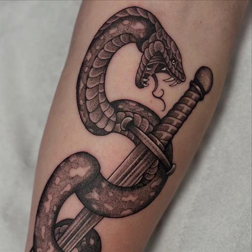 neotraditional snake and dagger fineline pepper shading dotwork stippl black and grey arm tattoo