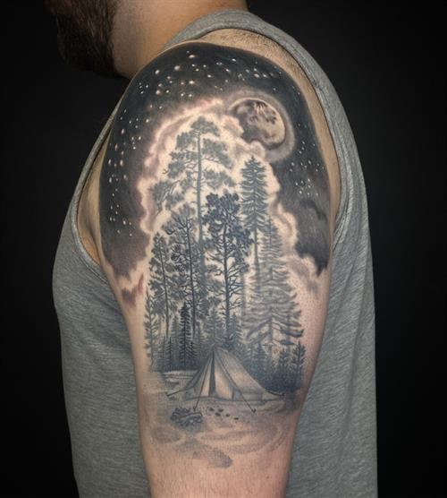 black and grey landscape scenery sleeve tattoo