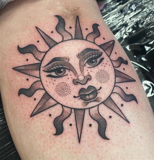 sun face neotraditional black and grey dotwork stippling pepper shading shin tattoo