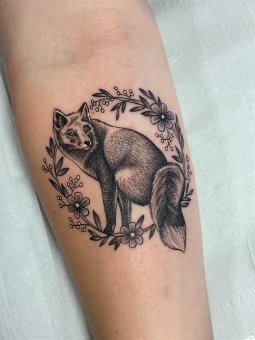 fineline floral fox inner arm black and grey pepper shading dotwork stippling forearm